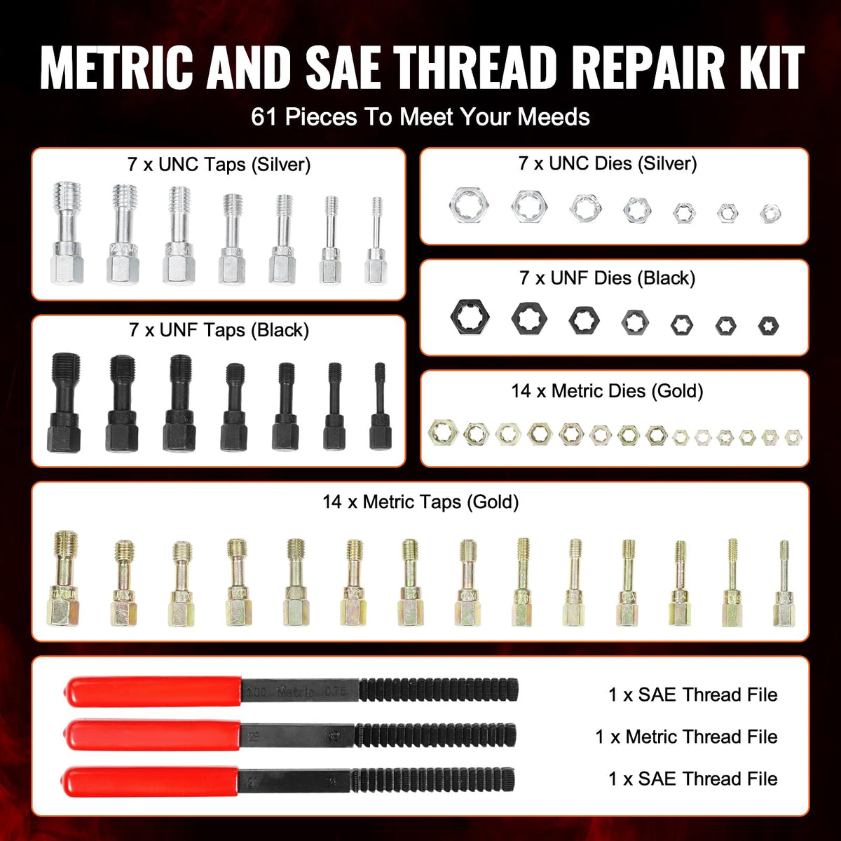VEVOR taps detail highlighting heat-treated steel for durable thread chasing