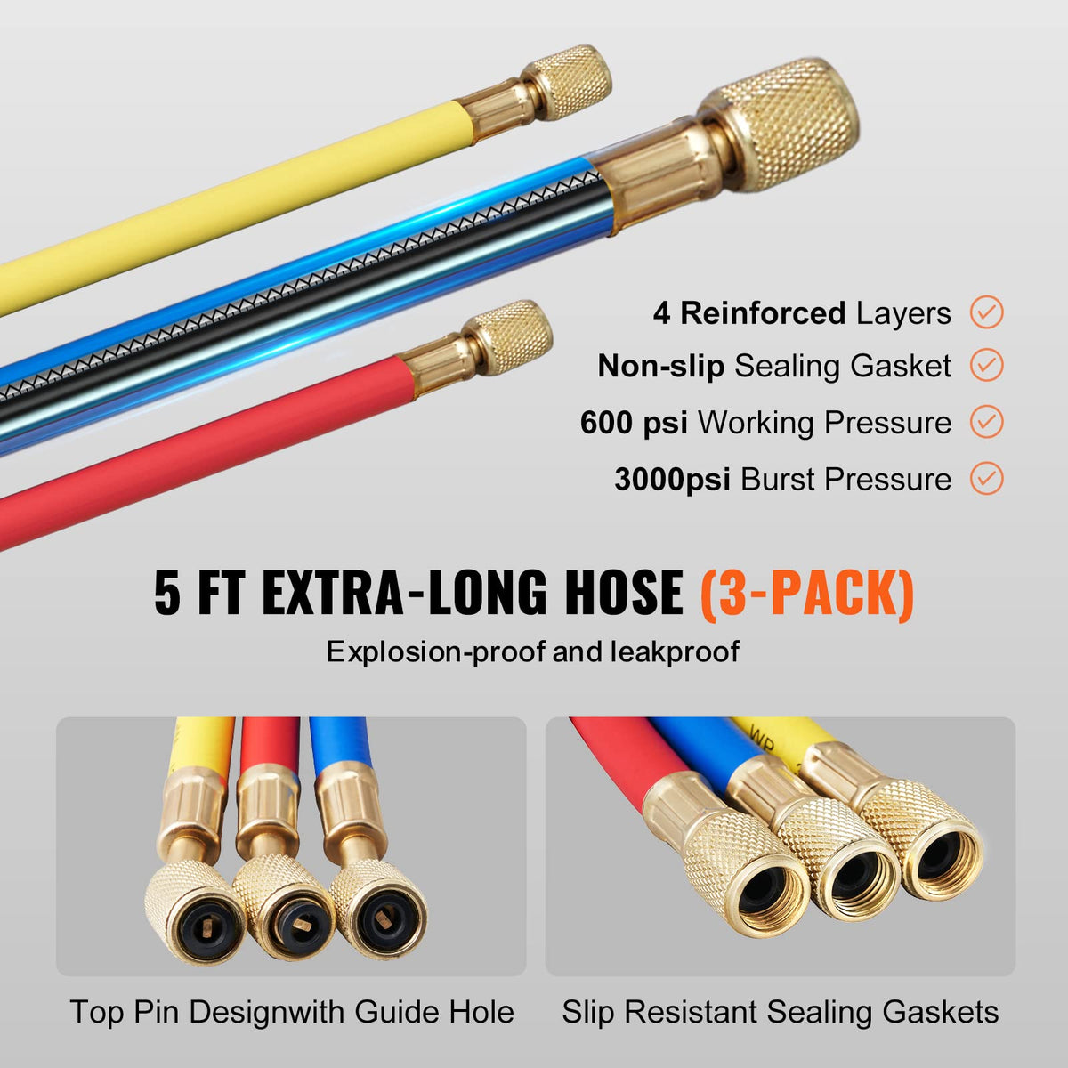 VEVOR three 5ft hoses laid out showing reinforced layers and safe handling