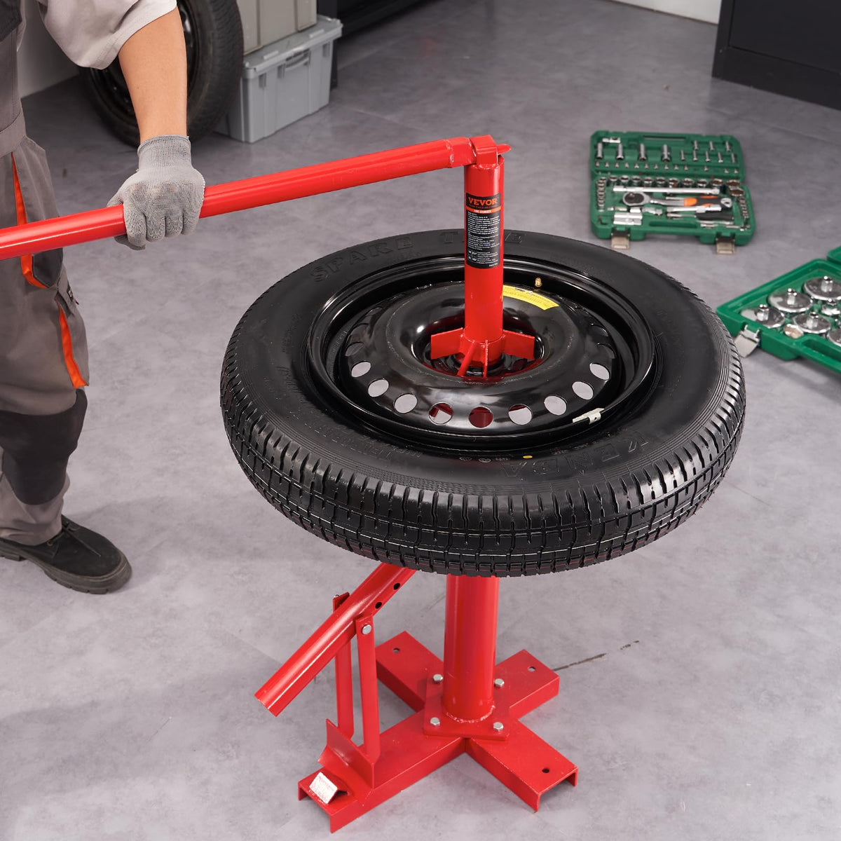 VEVOR in garage lifestyle scene illustrating easy home-shop tire work