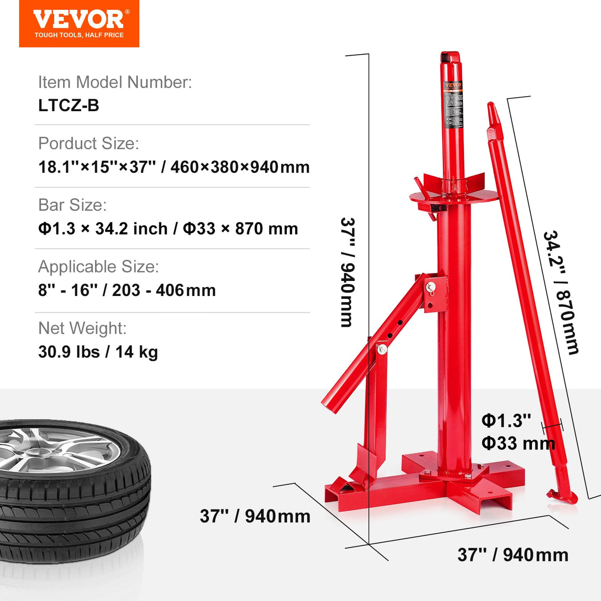 VEVOR size comparison with a hand for scale showing 8–16 inch compatibility