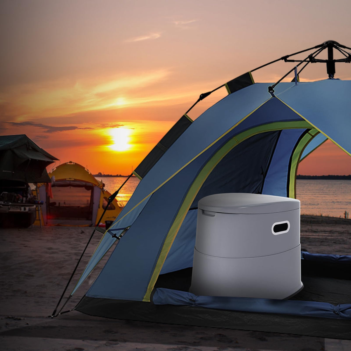 VEVOR toilet placed at campsite demonstrating privacy and portable sanitation benefit