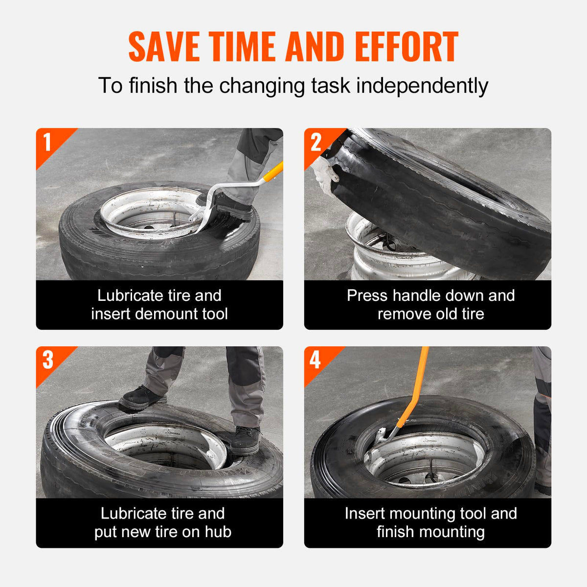 VEVOR tools in use on a truck wheel for faster tire changes