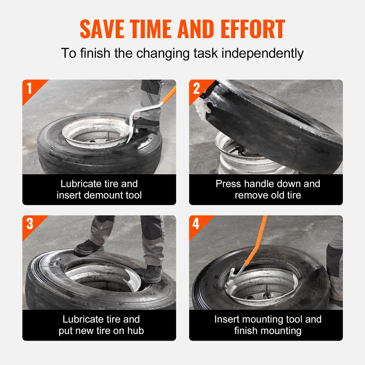 VEVOR tools engaged on a truck wheel in use, speeding roadside tire changes