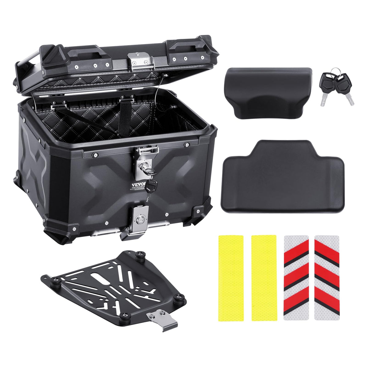 VEVOR top case front view showing sturdy aluminum exterior and lock benefit: durable protection