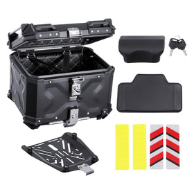 VEVOR top case front view showing sturdy aluminum exterior and lock benefit: durable protection