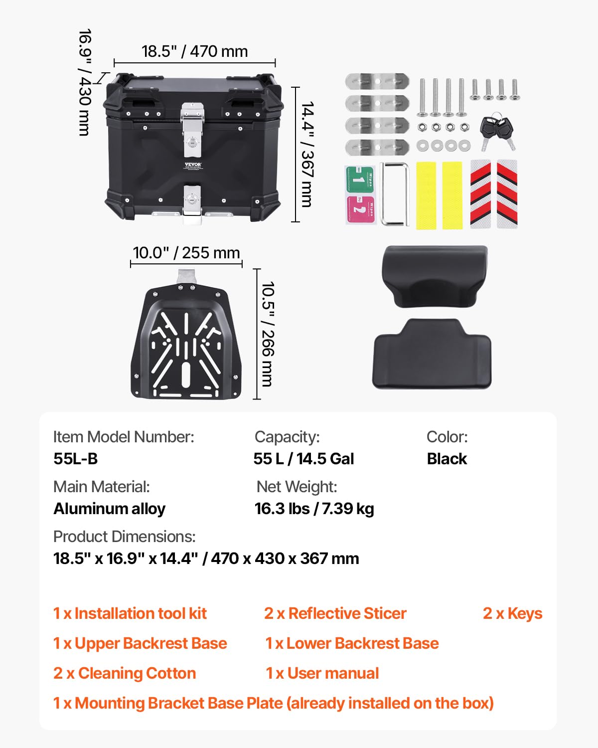 VEVOR top case next to two helmets for scale, illustrating 65L capacity