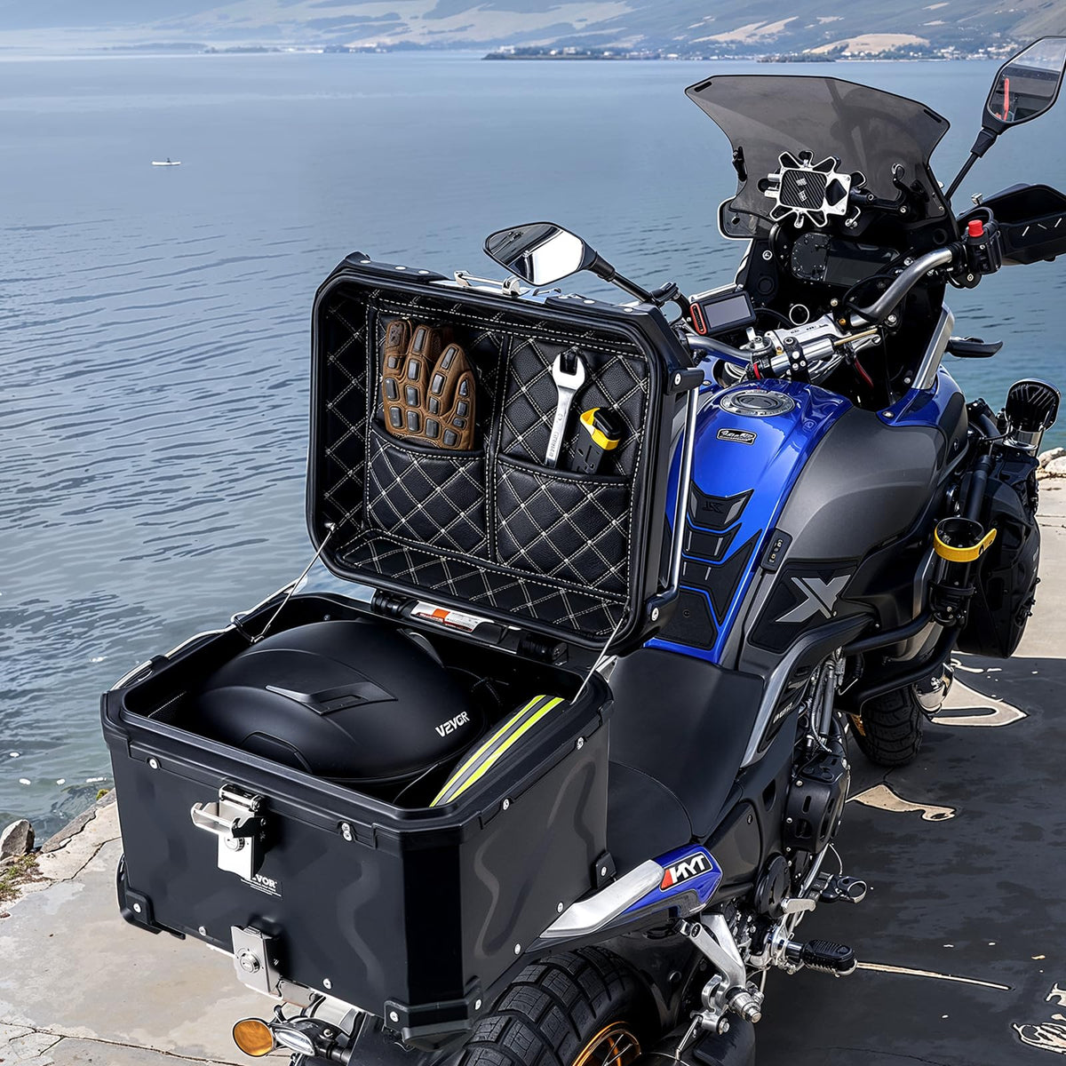 VEVOR top case holding a full helmet to illustrate 45L capacity benefit
