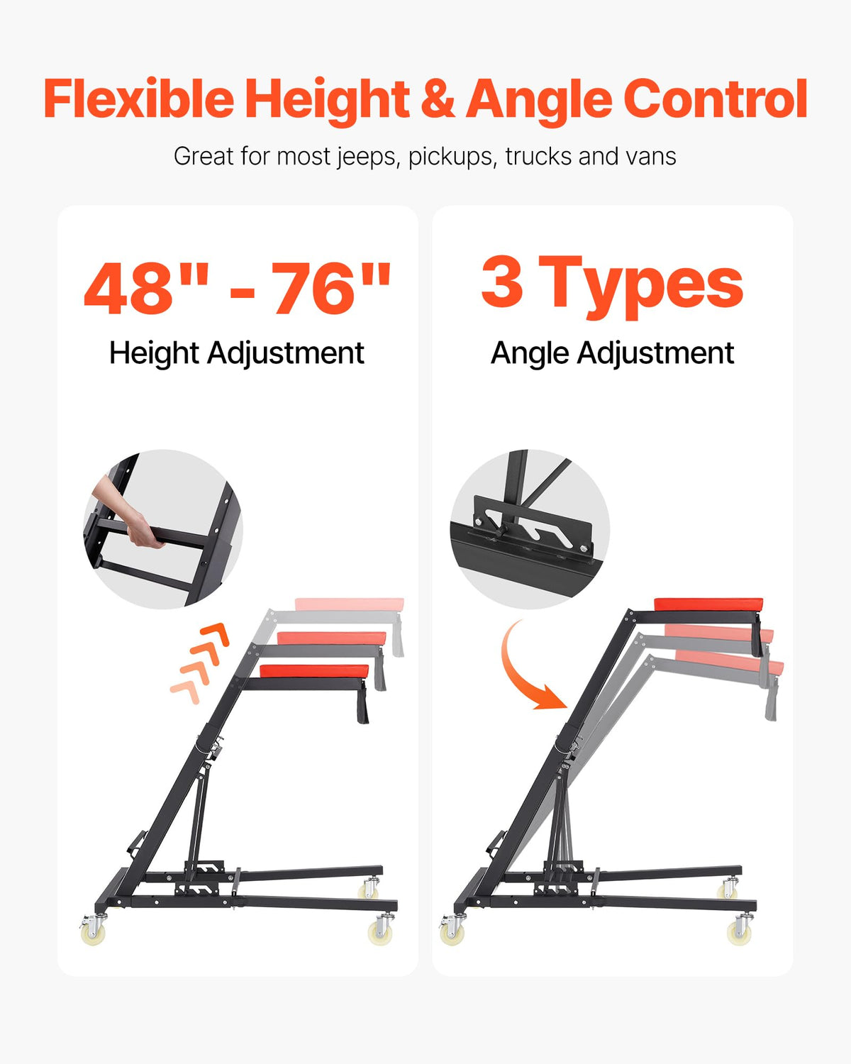 VEVOR topside creeper height adjustment demonstration for versatile reach