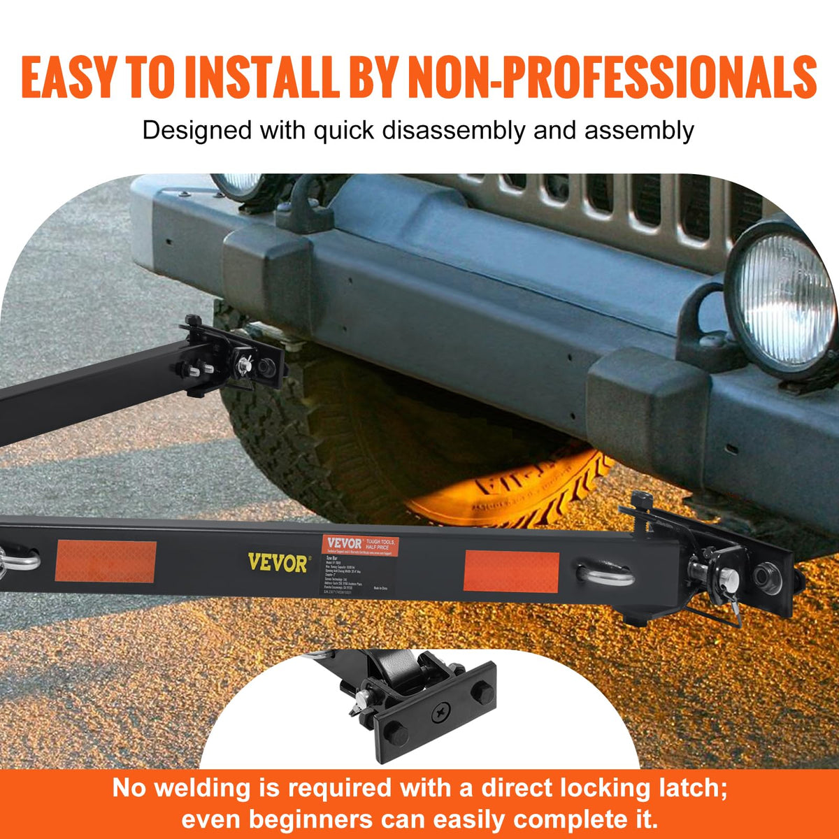 VEVOR tow bar adjustable width measurement illustrating versatile fitment