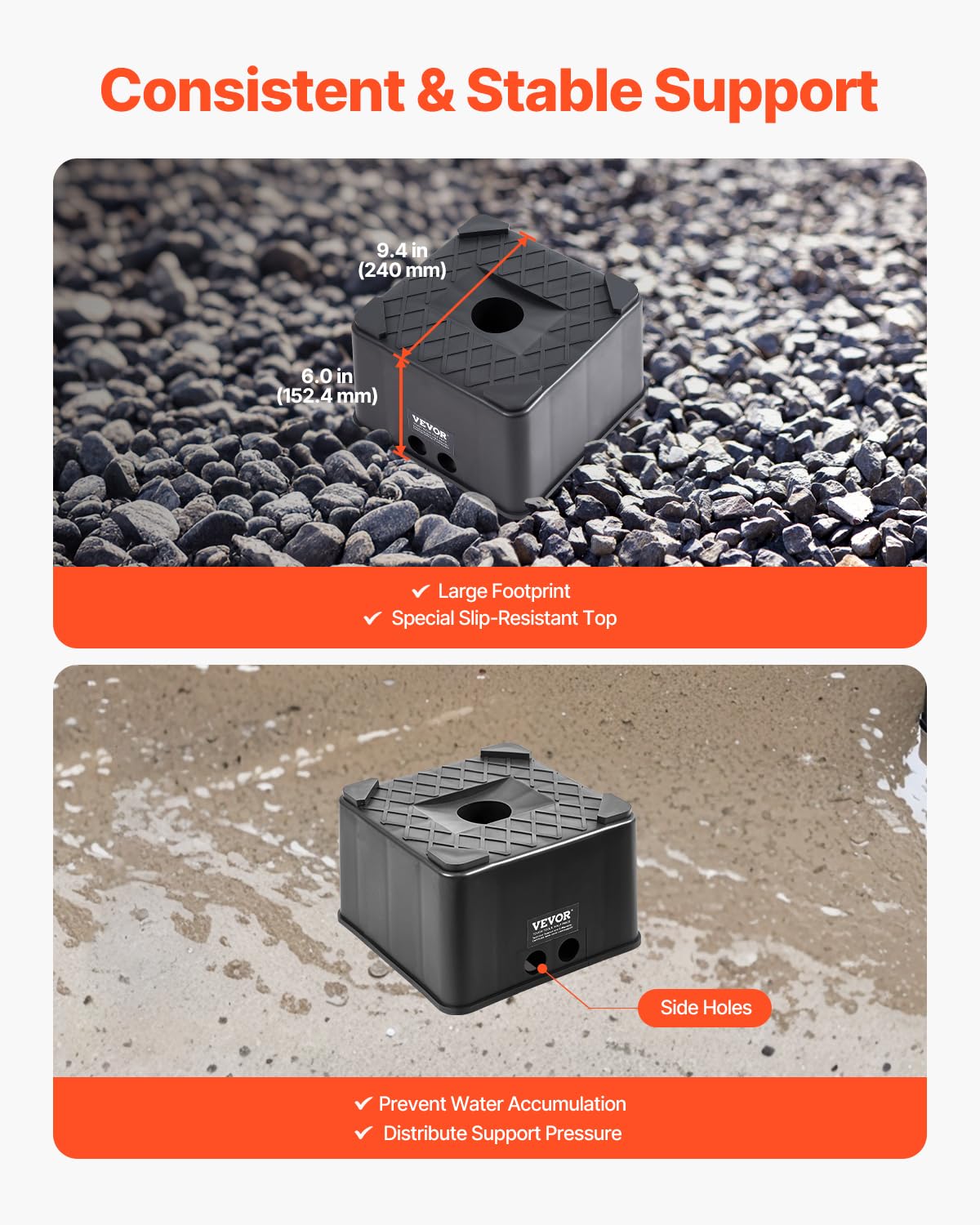 VEVOR trailer jack block side profile showing 6-inch height advantage