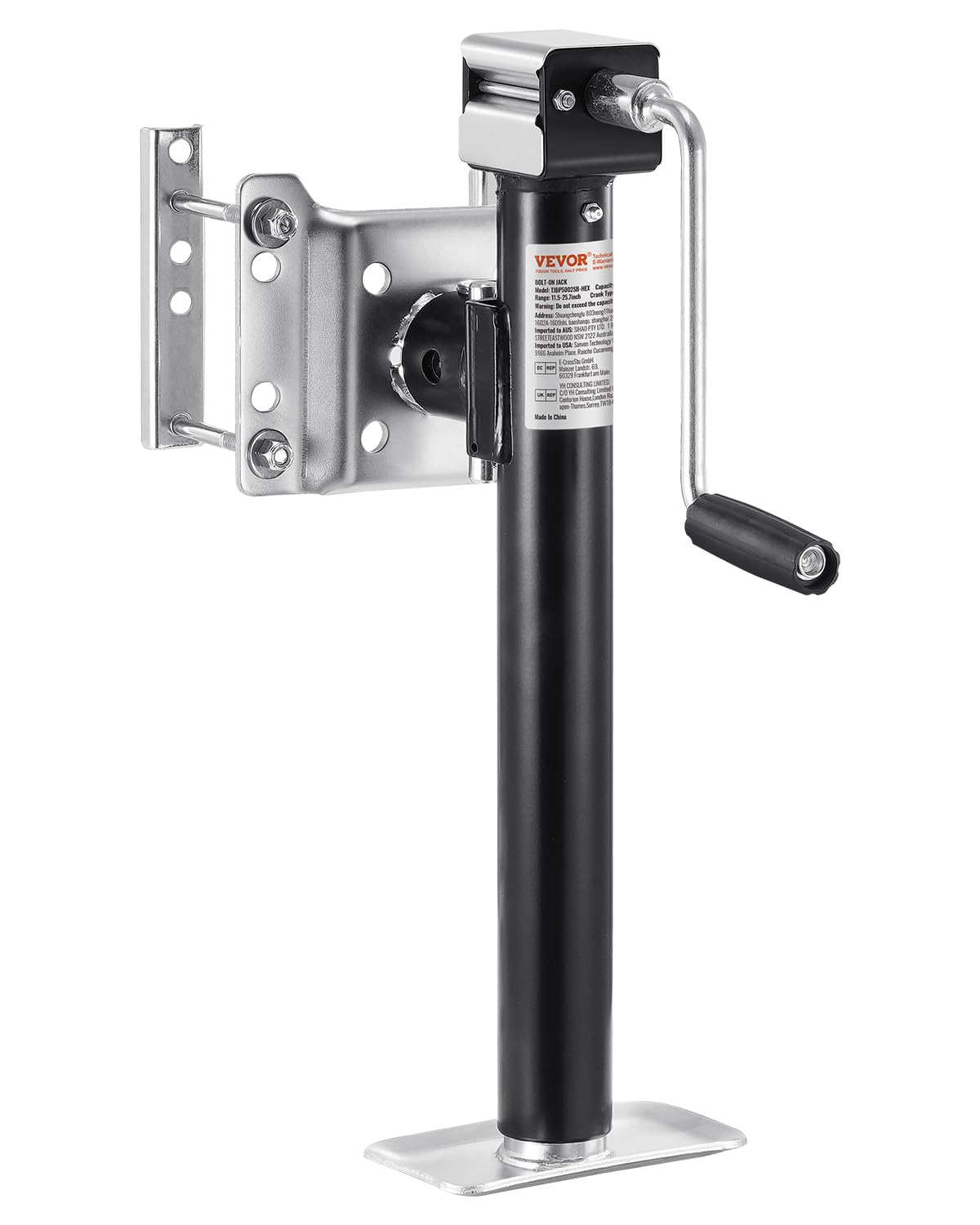 VEVOR front view of trailer jack showing sturdy frame and capacity benefit