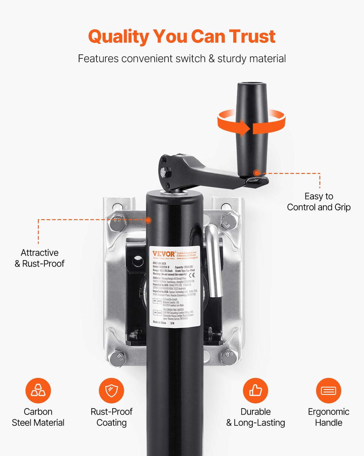 VEVOR jack bolted to trailer tongue illustrating secure mount and stability