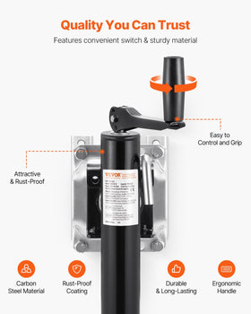 VEVOR jack bolted to trailer tongue illustrating secure mount and stability