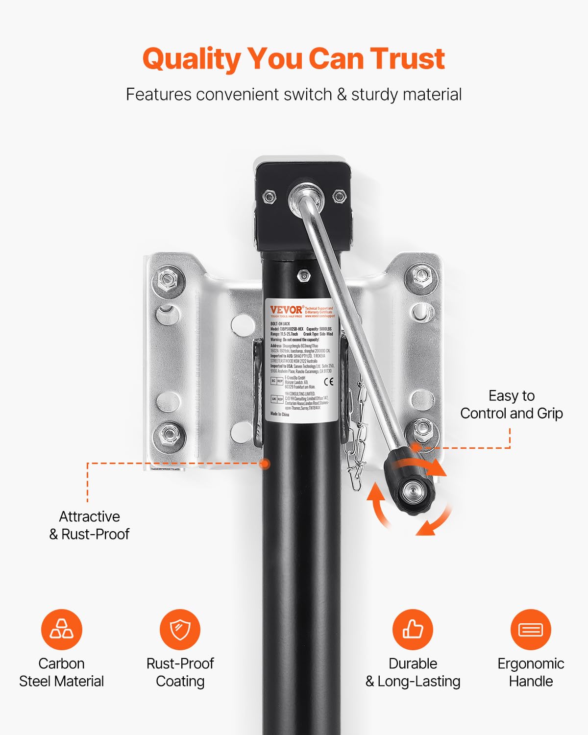 VEVOR mounted on trailer tongue for secure, bolt-on installation benefit