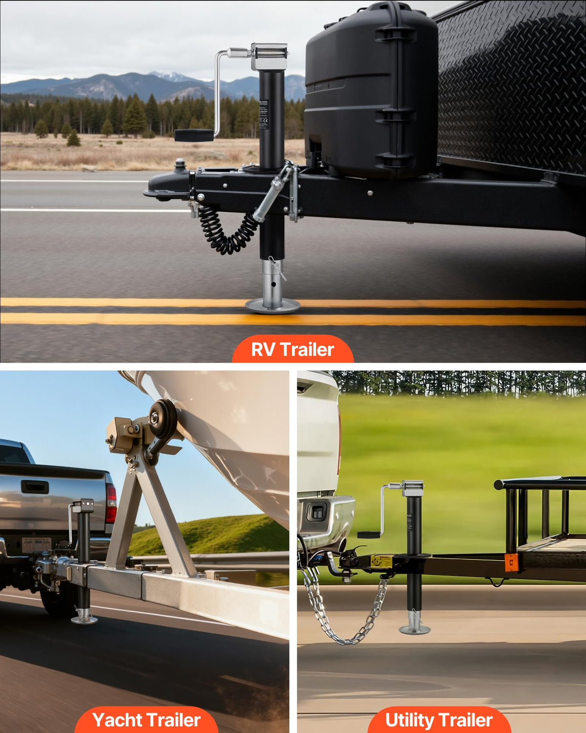 VEVOR jack mounted on trailer demonstrating easy one-person installation
