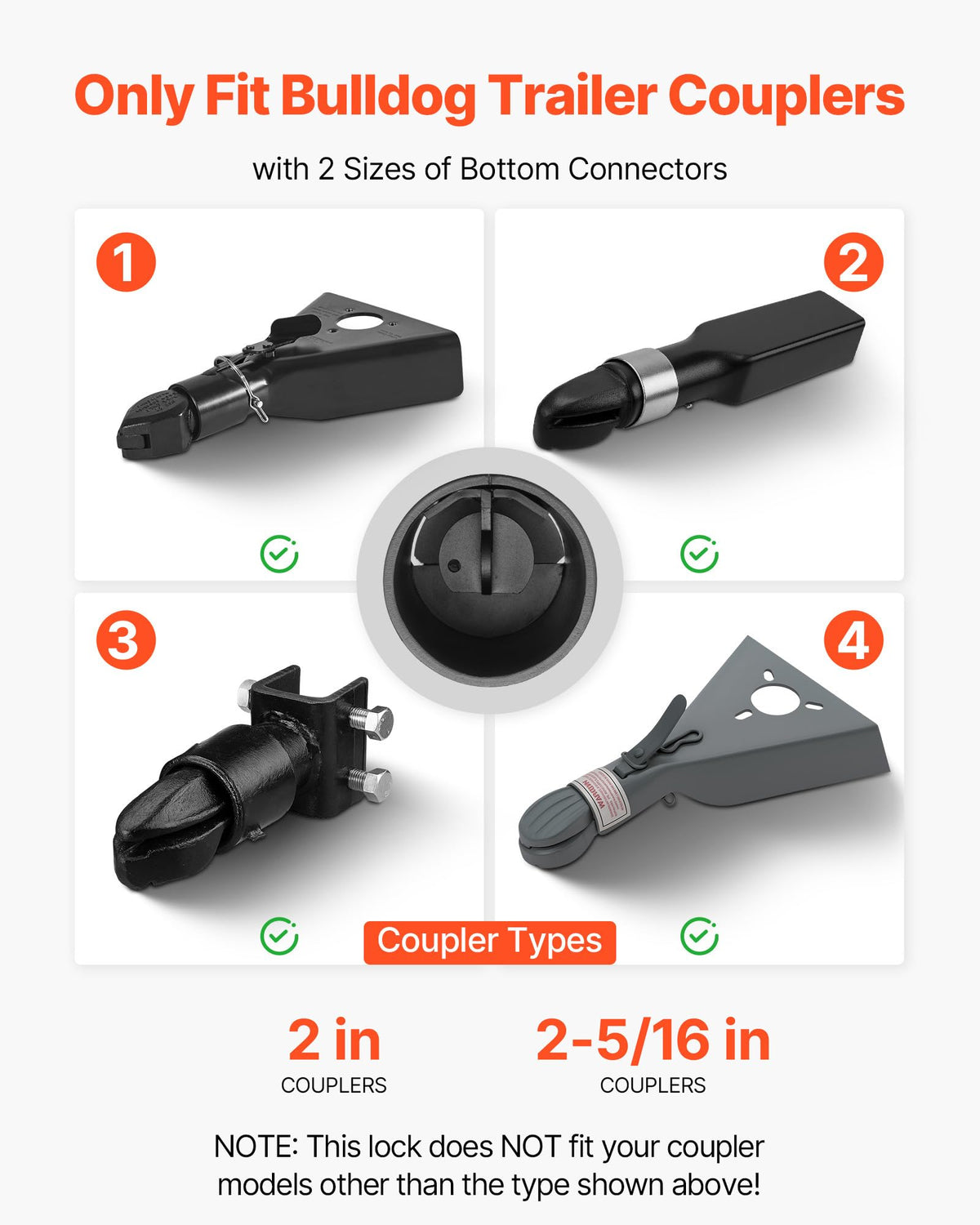 VEVOR close-up of lock on bulldog coupler demonstrating precise fit and stability