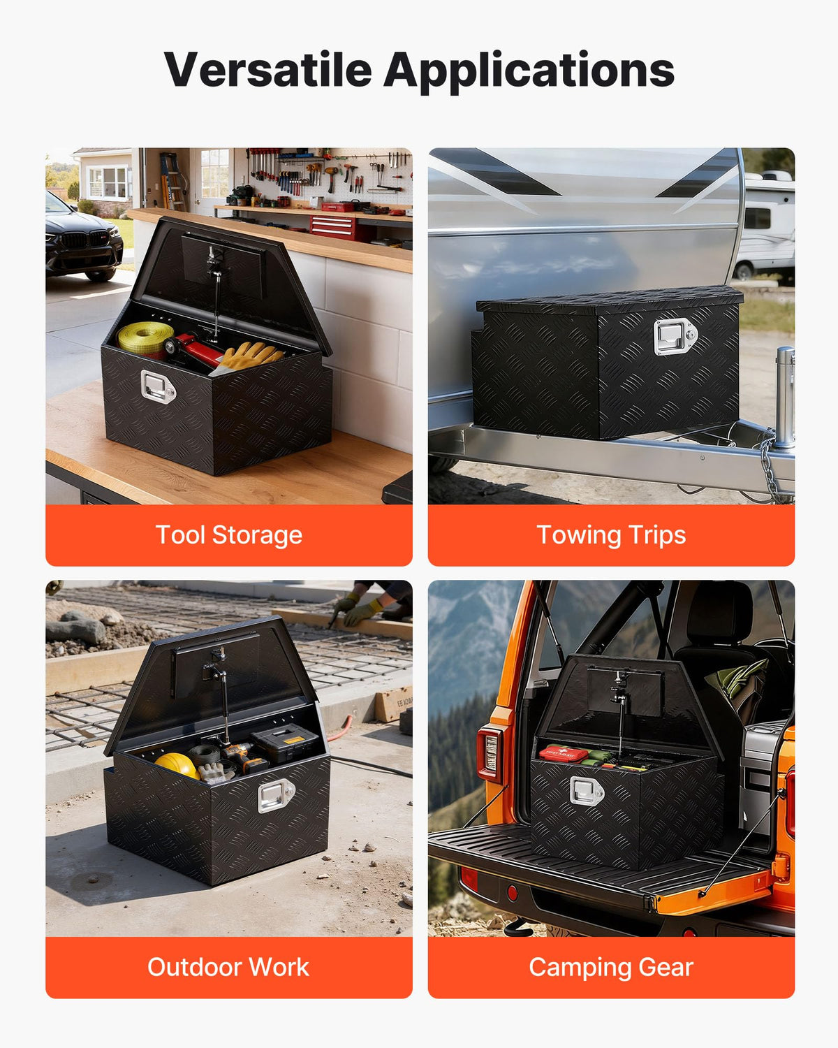 VEVOR box mounted on trailer tongue demonstrating sturdy fit and organized transport