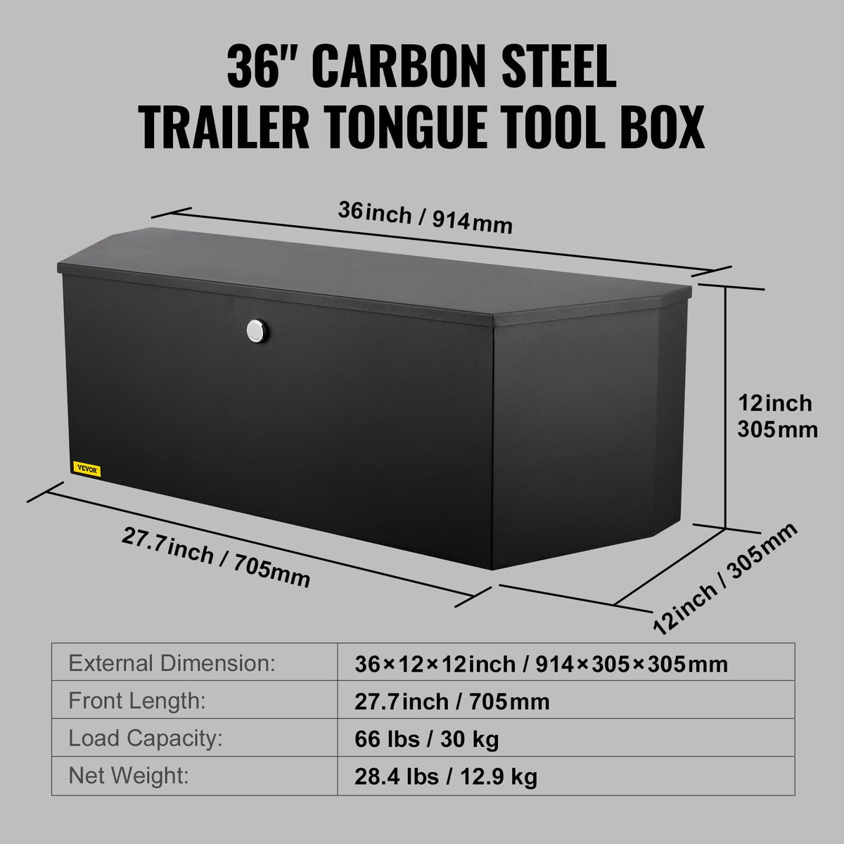 VEVOR scale comparison with tools illustrating 36x12x12 capacity