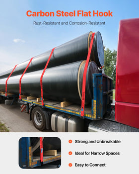 VEVOR straps securing a flatbed load demonstrating strong tie-down stability