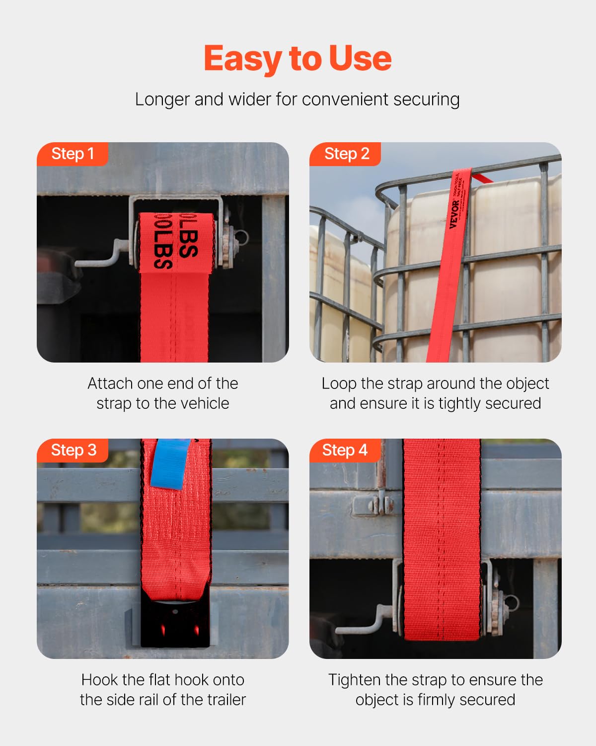 VEVOR strap anchored to trailer pocket showing low-profile flat hook benefit