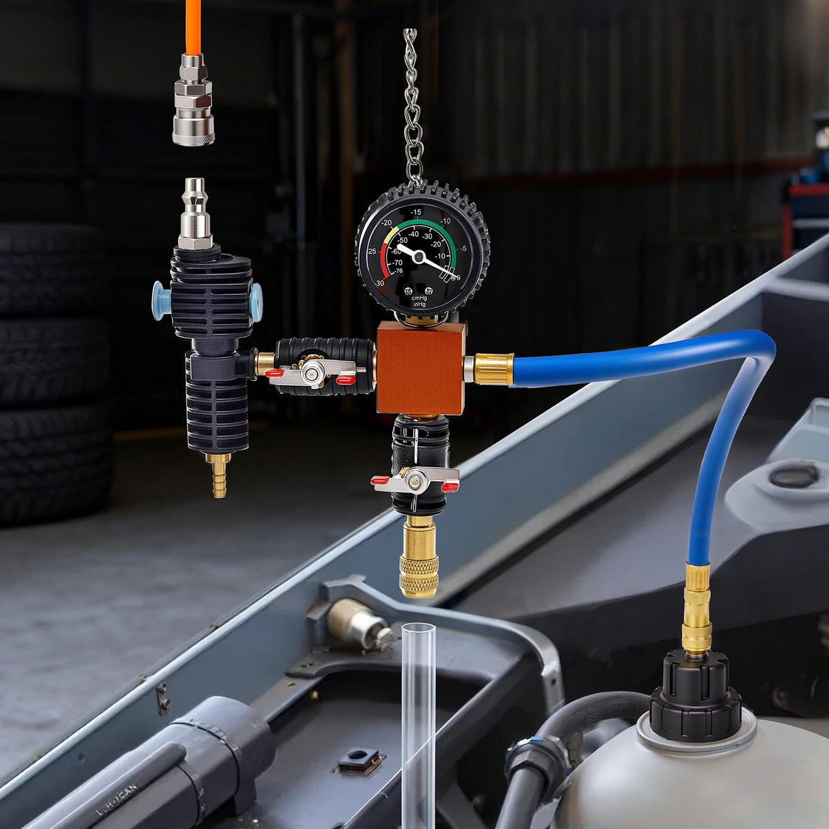 VEVOR tool connected to a car radiator showing vacuum refill in use