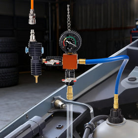 VEVOR tool connected to a car radiator showing vacuum refill in use