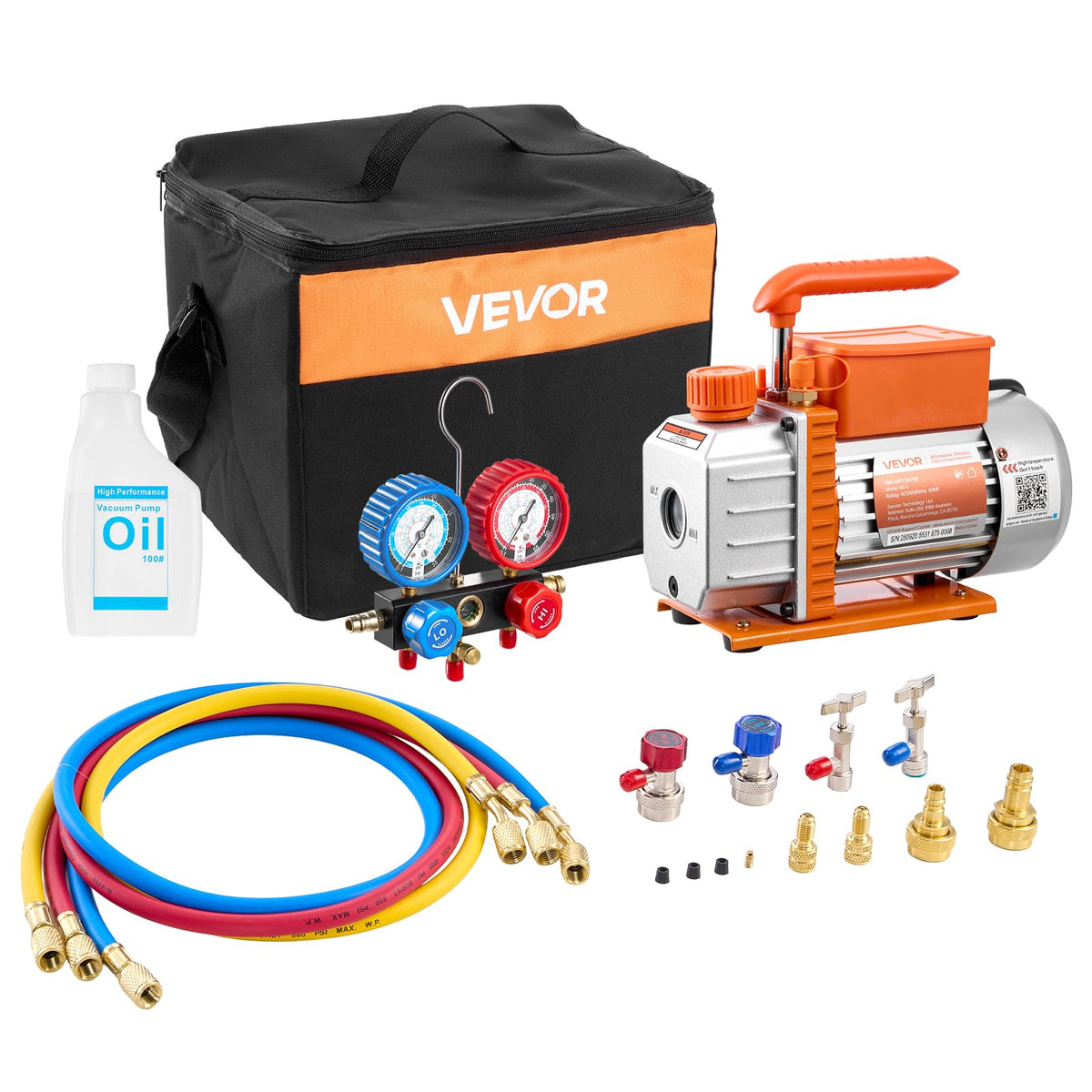 VEVOR vacuum pump front view showing compact durable housing and portability benefit