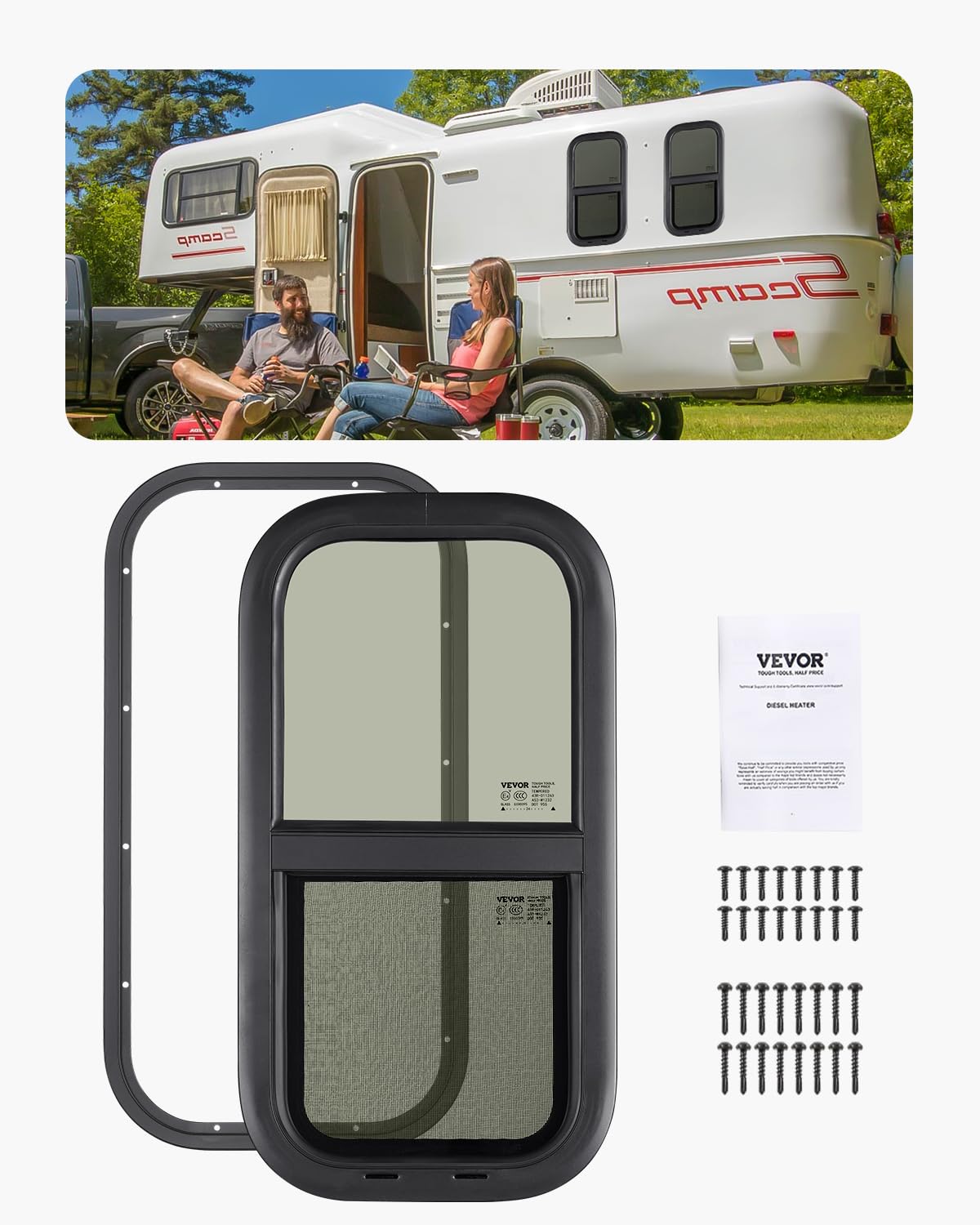 VEVOR vertical window front view showing sleek tinted glass and privacy benefit