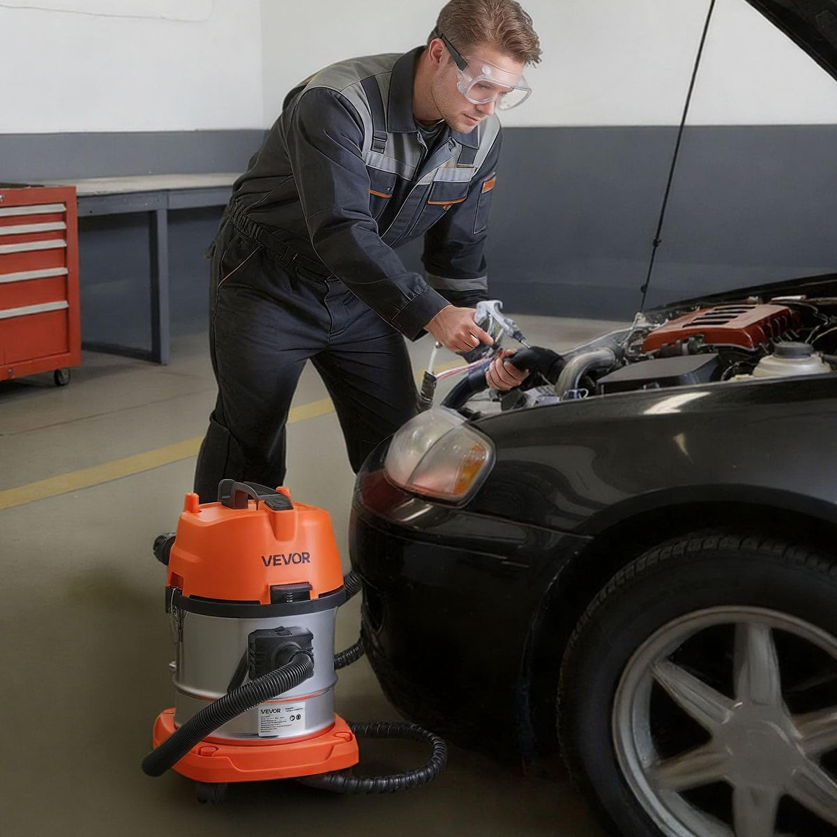 VEVOR walnut blaster in use on engine intake demonstrating effective cleaning
