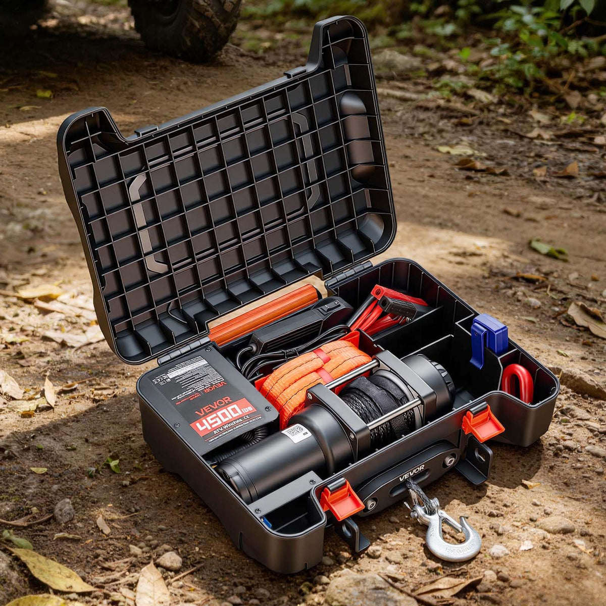 VEVOR open weatherproof box revealing stored accessories for organized field readiness