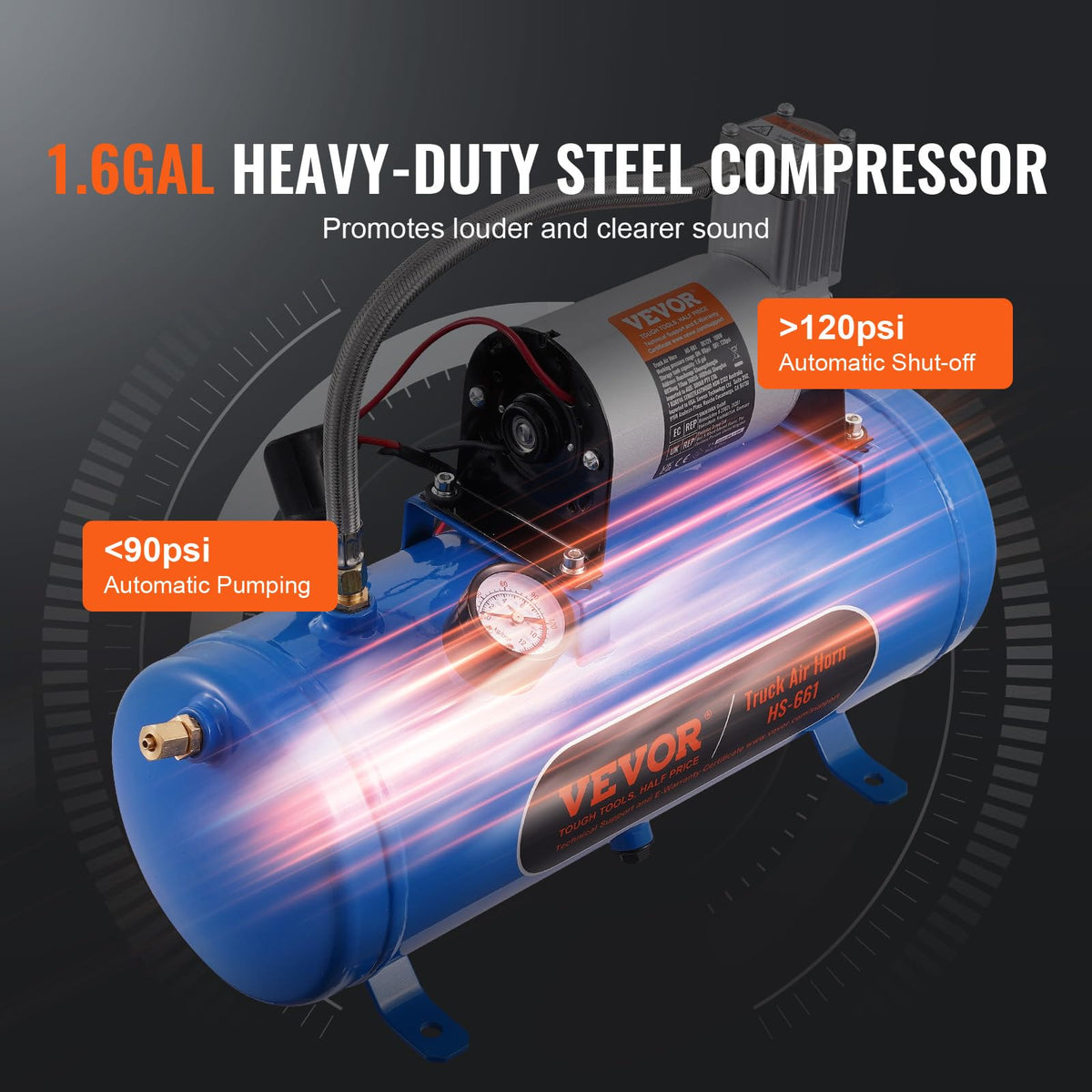 VEVOR welded 1.6 gal tank side view showing durable air storage benefit