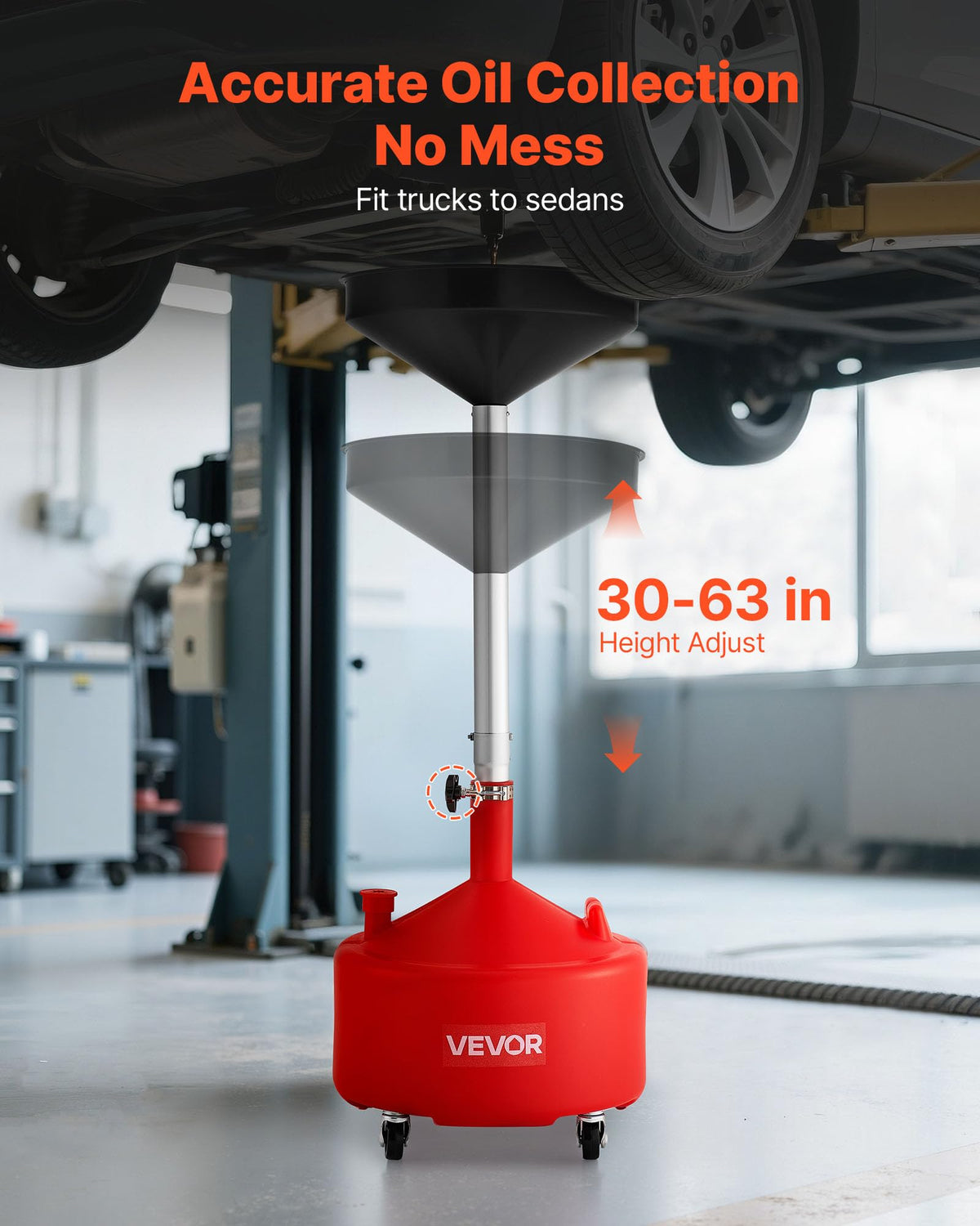 VEVOR close-up of wide-mouth funnel capturing oil with less splash