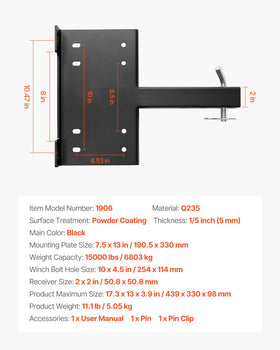 VEVOR winch mount dimensions marked to illustrate mounting-hole compatibility