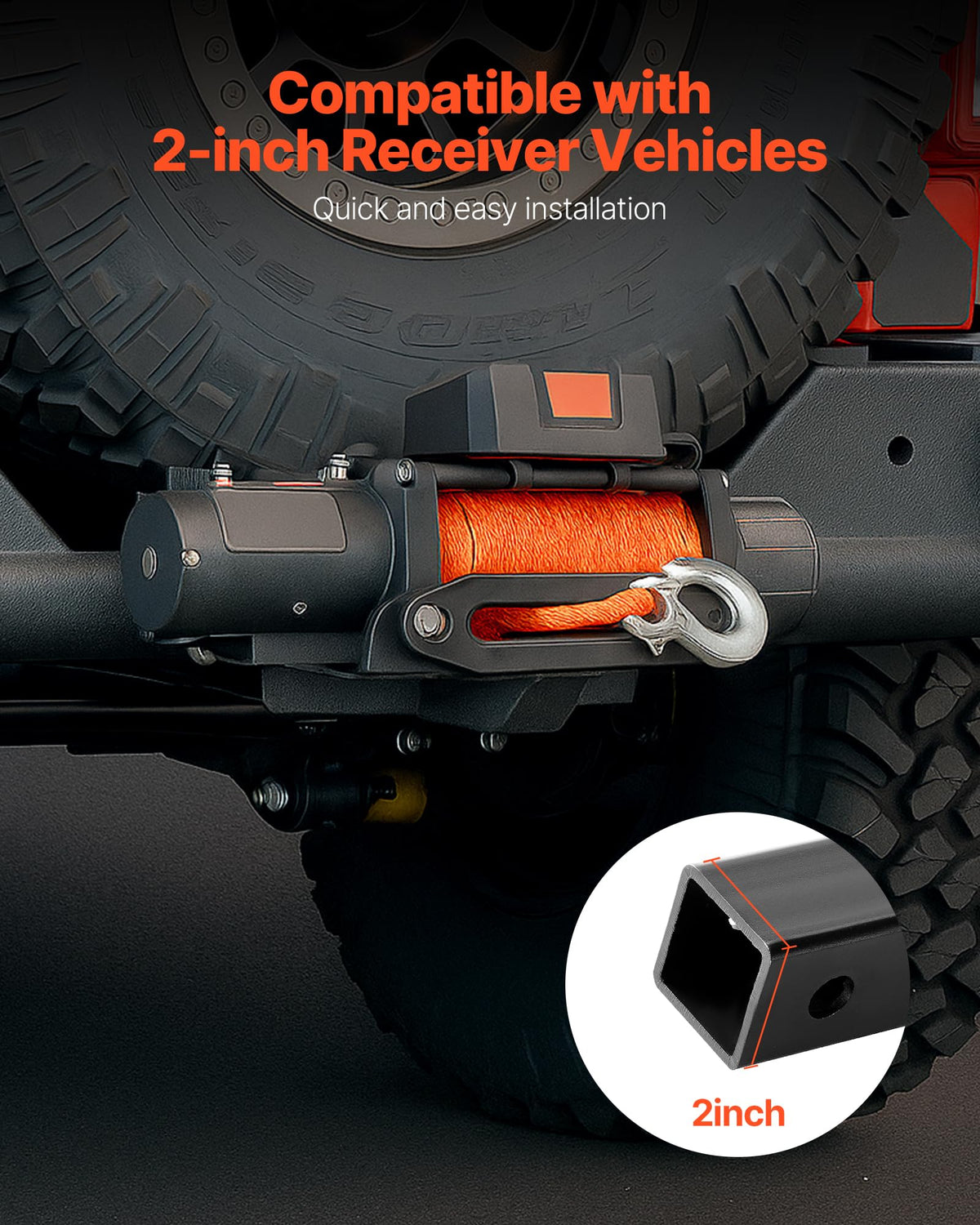 VEVOR winch mount guide hook detail showing cable alignment for safer spooling