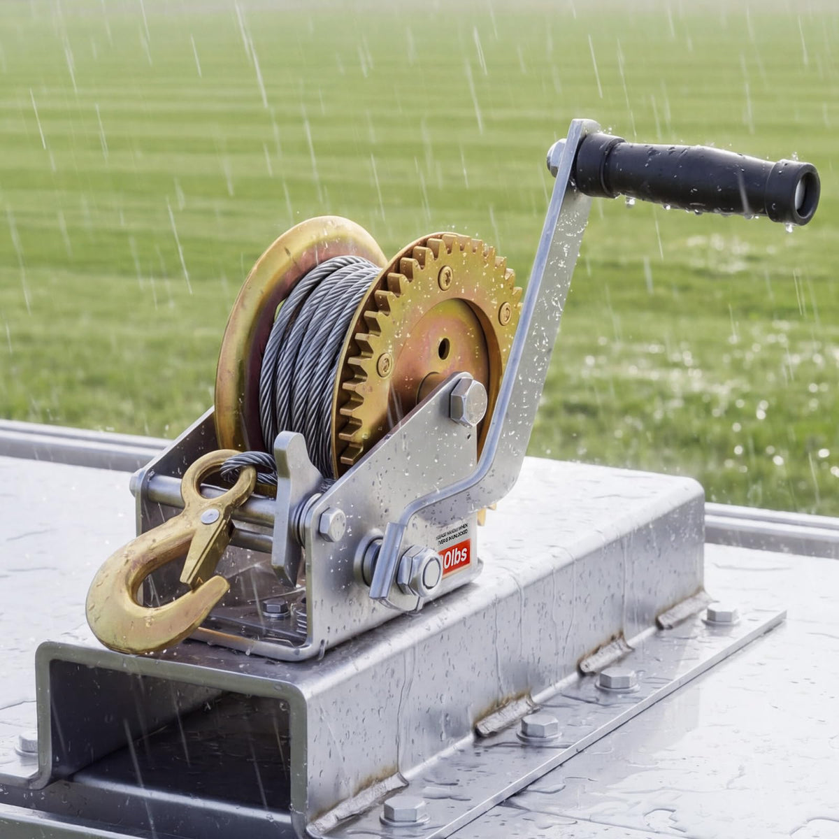 VEVOR winch next to a hand for scale showing portable, manageable size