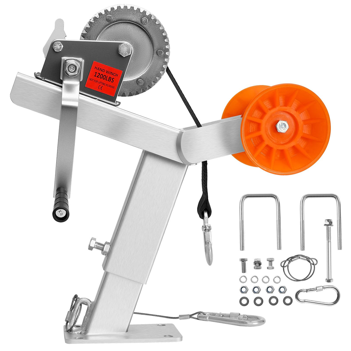 VEVOR winch stand front view showing complete winch assembly and benefits
