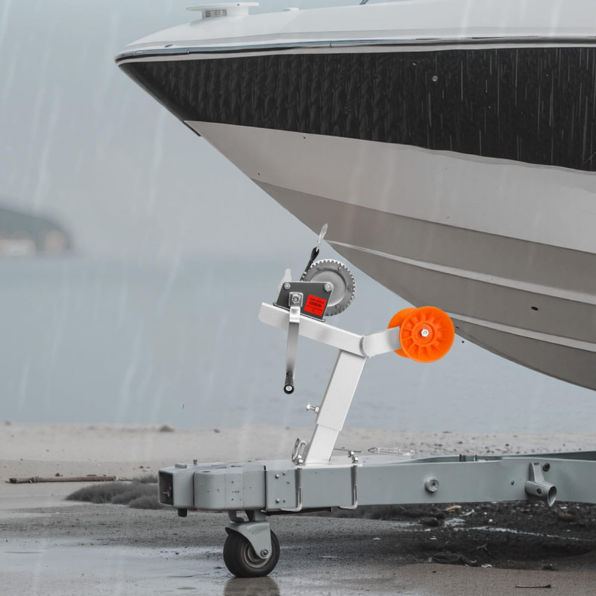 VEVOR winch stand next to boat showing correct scale and fitment