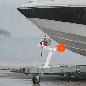 VEVOR winch stand next to boat showing correct scale and fitment