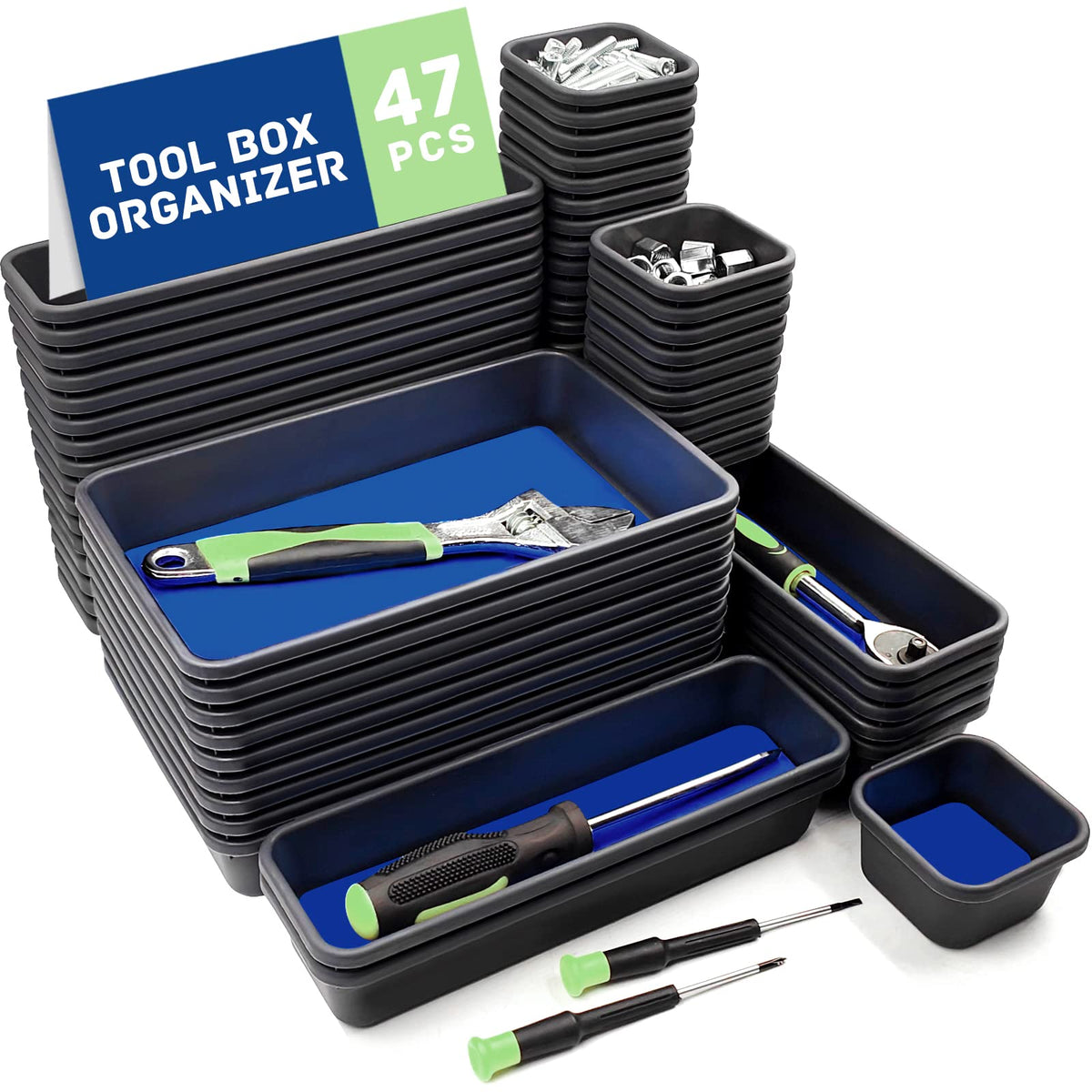 Vexercisehoop front packaging showing 47-piece tray kit and easy storage benefit