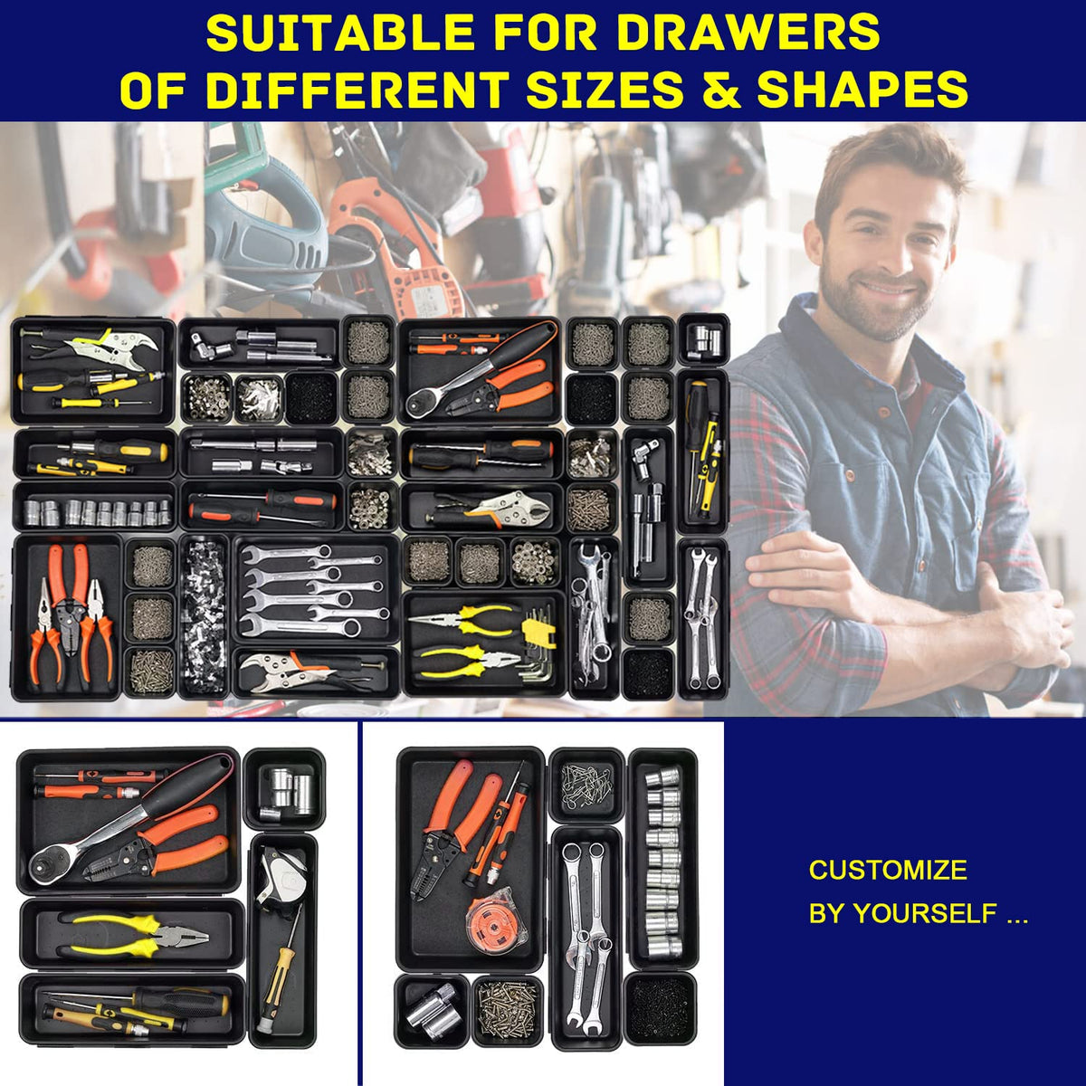 Vexercisehoop trays arranged inside rolling tool chest demonstrating customized compartment efficiency