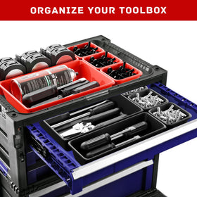 Vexercisehoop trays stacked inside a rolling tool cart maximizing vertical space