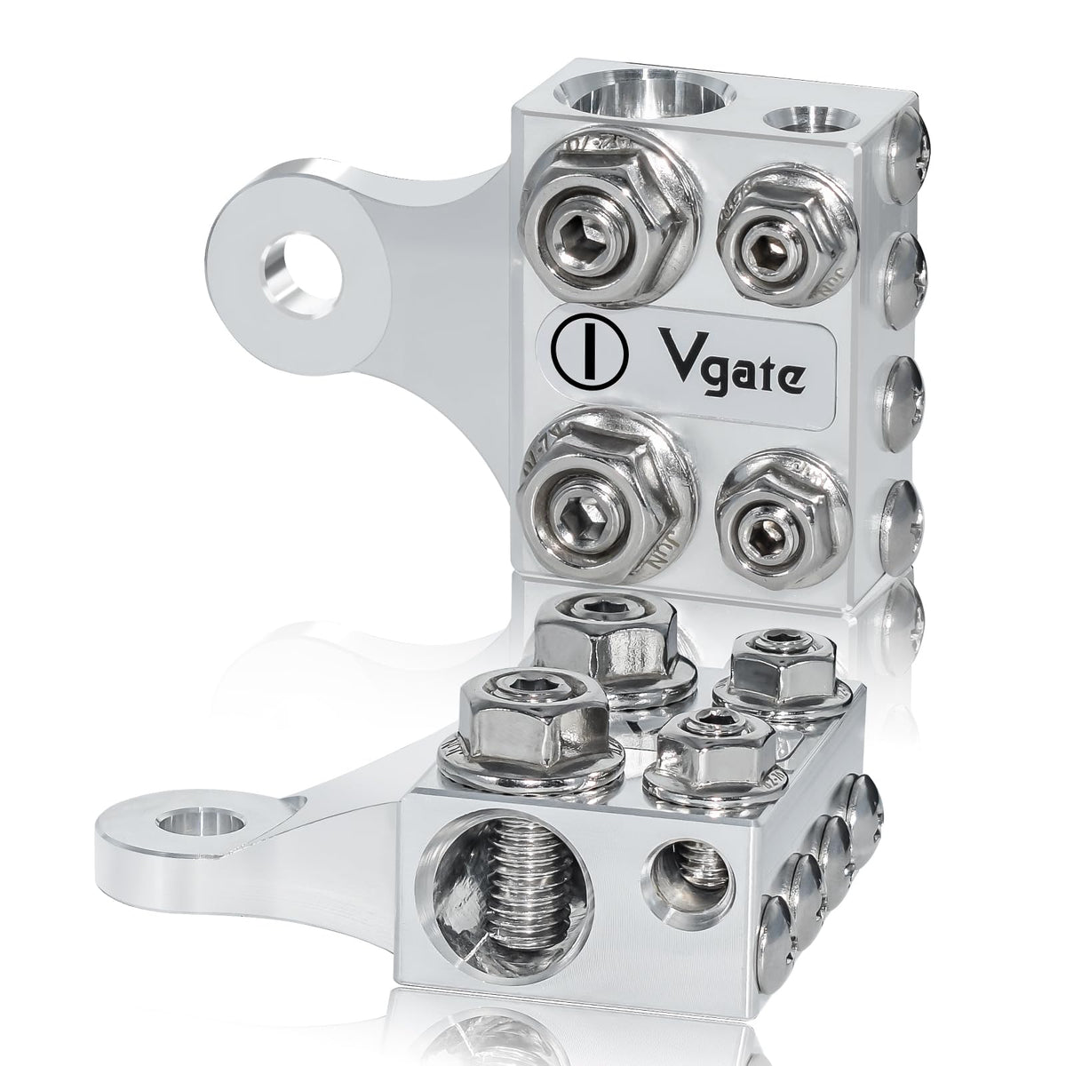 Vgate front view pair showing both terminals and M8 post fit for neat multi-connections