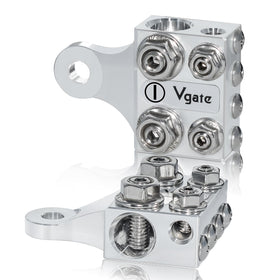 Vgate front view pair showing both terminals and M8 post fit for neat multi-connections