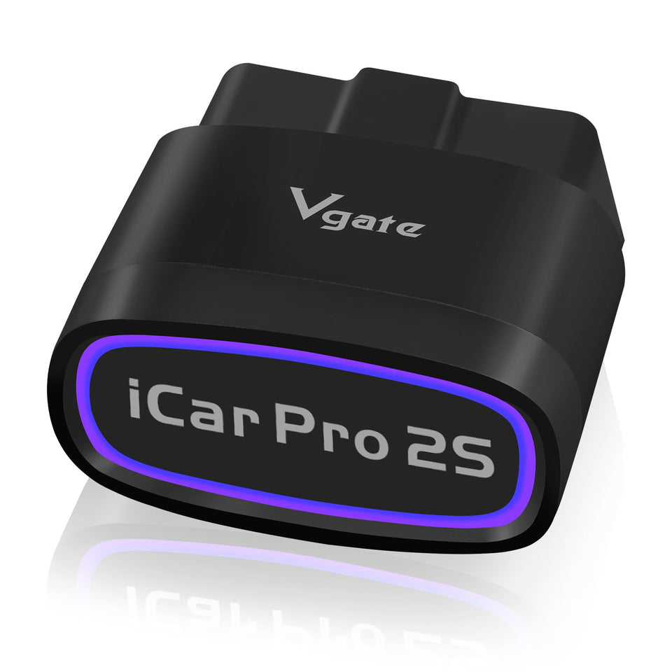 Vgate iCar Pro 2S front view showing compact OBD2 dongle and quick diagnostics
