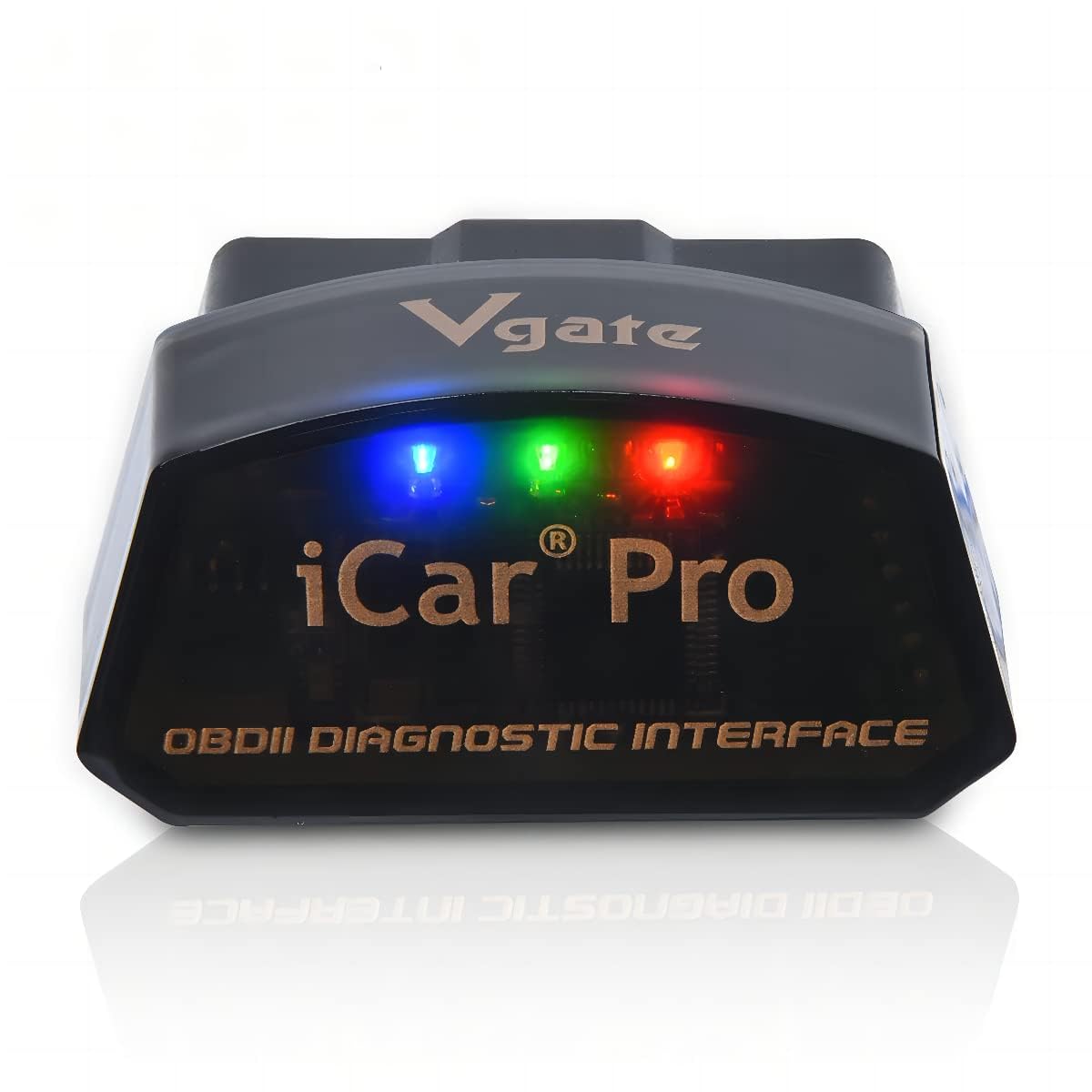 Vgate iCar Pro front view showing compact Bluetooth OBD2 design and easy plug-in benefit