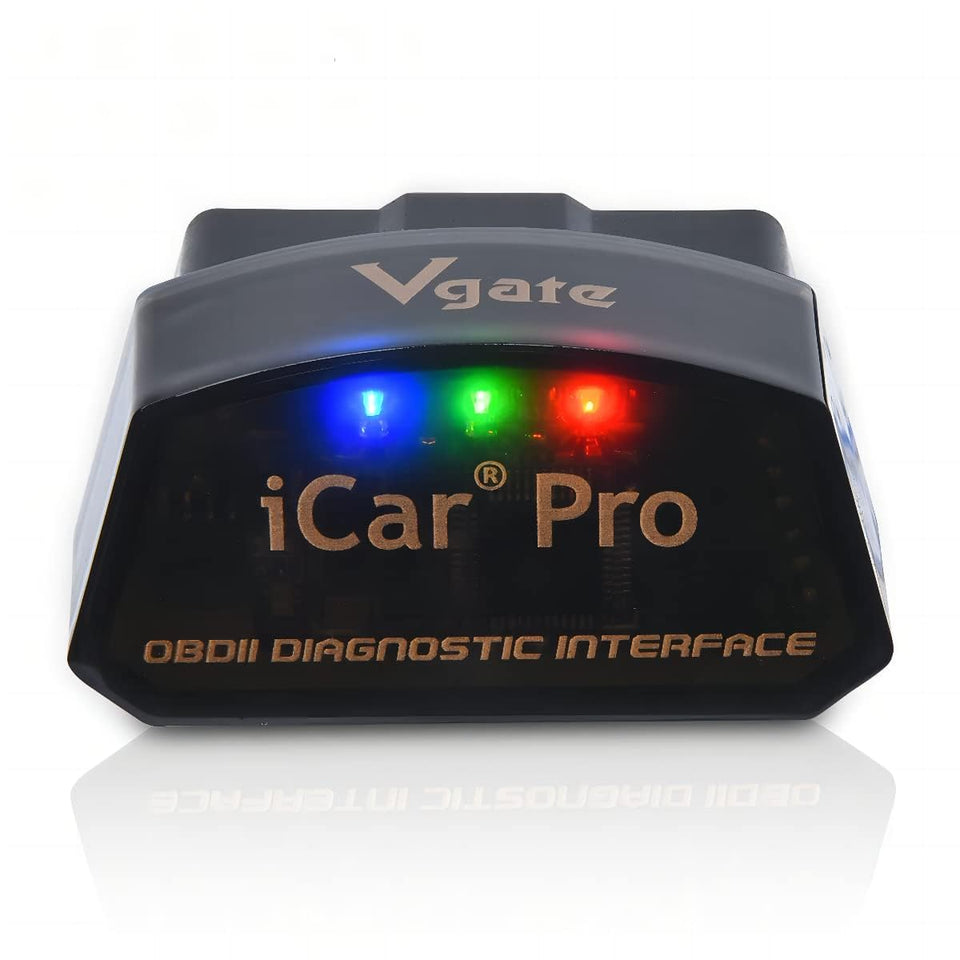 Vgate iCar Pro front view showing compact Bluetooth OBD2 design and easy plug-in benefit
