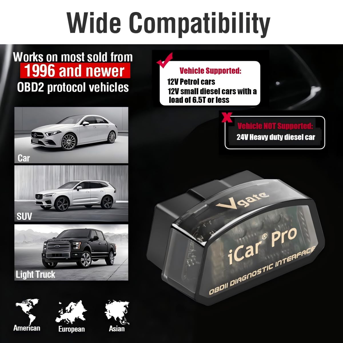 Vgate iCar Pro LED indicators close-up showing status lights for clear diagnostics