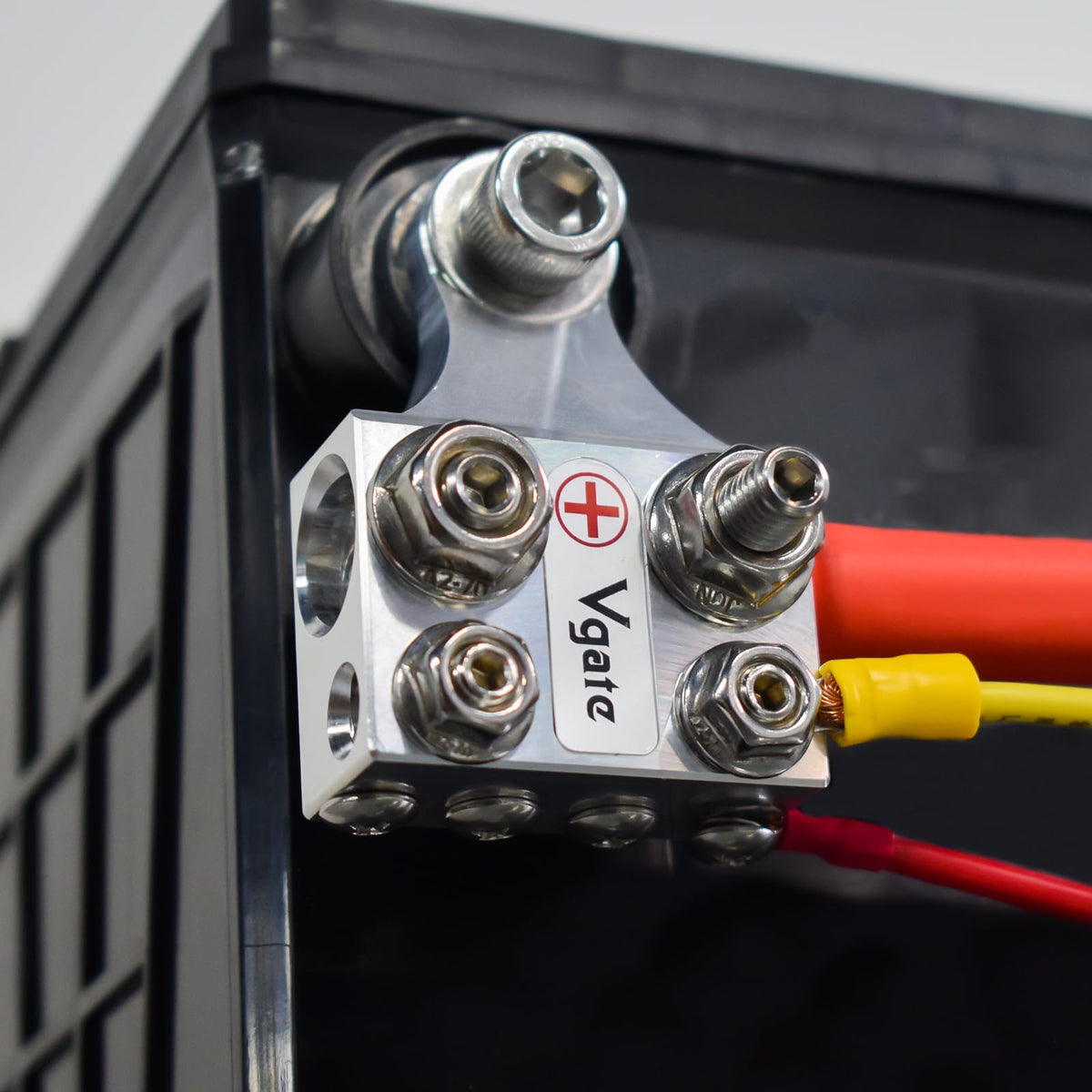 Vgate in an RV battery compartment illustrating tidy multi-feed setup for onboard systems
