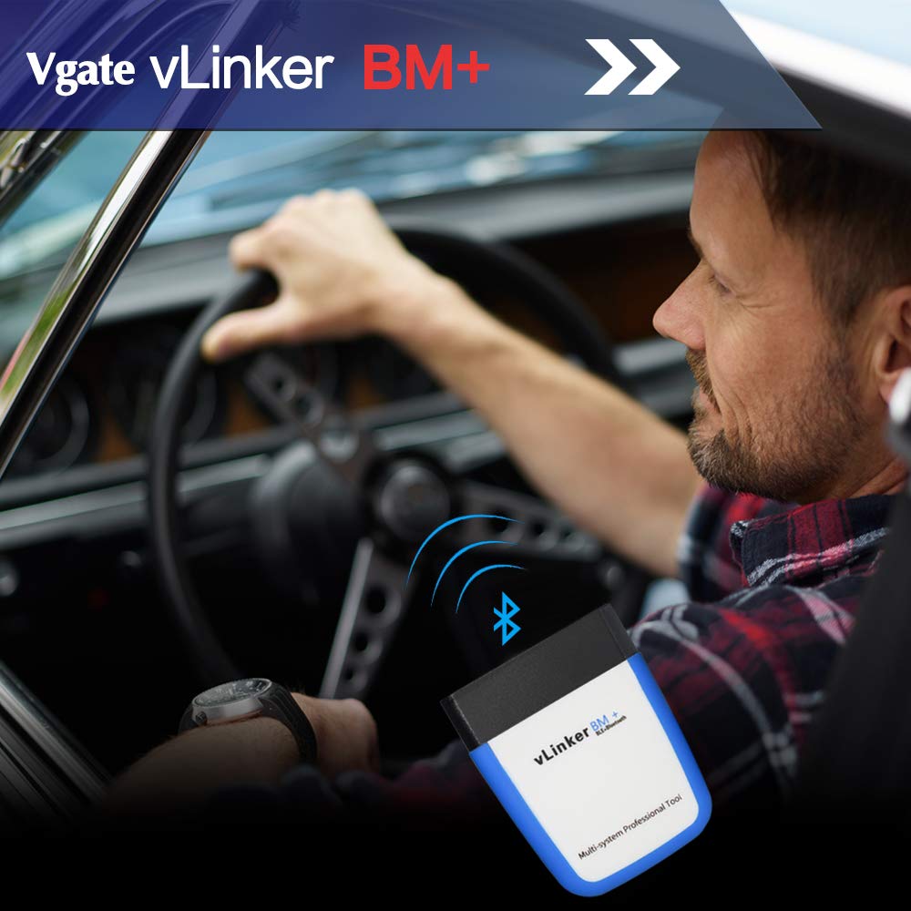 Vgate vLinker BM+ next to a credit card for scale showing compact portable design