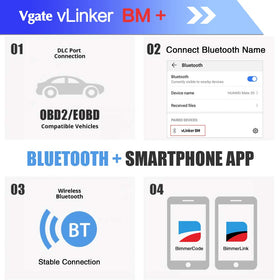 Vgate vLinker BM+ paired with smartphone app displaying live engine data for troubleshooting